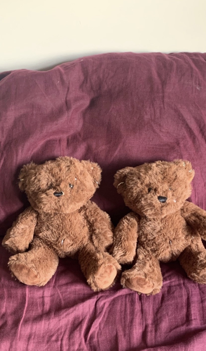 Two little brown teddy bears with a few DIY piercings sat on a maroon bedspread holding paws.