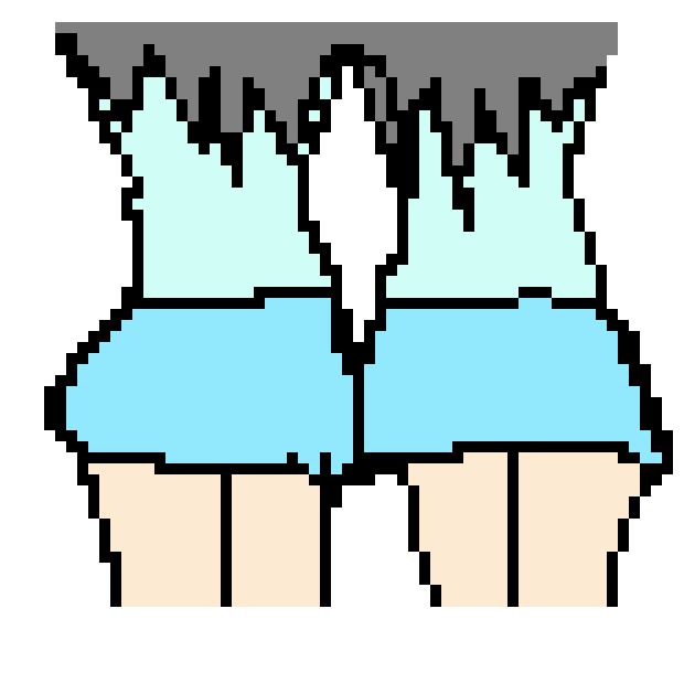 8-bit illustration of the back of two people with long grey hair wearing matching turquoise tops and blue miniskirts.