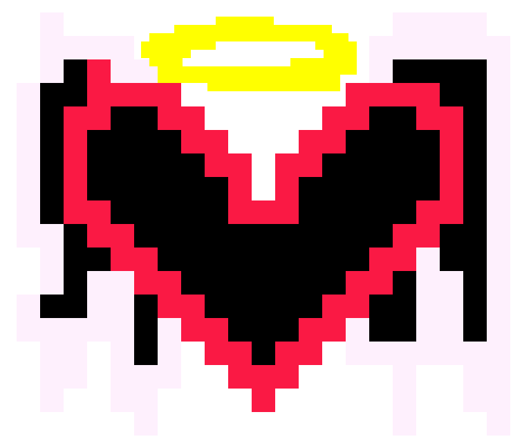 8-bit illustration of a black heart with angel wings, a halo and a red outline.