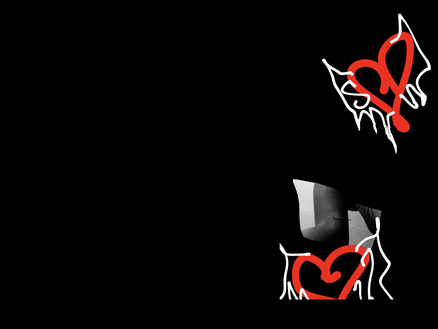 Background image; legs in black and white surrounded by illustrations of red hearts with white wings.