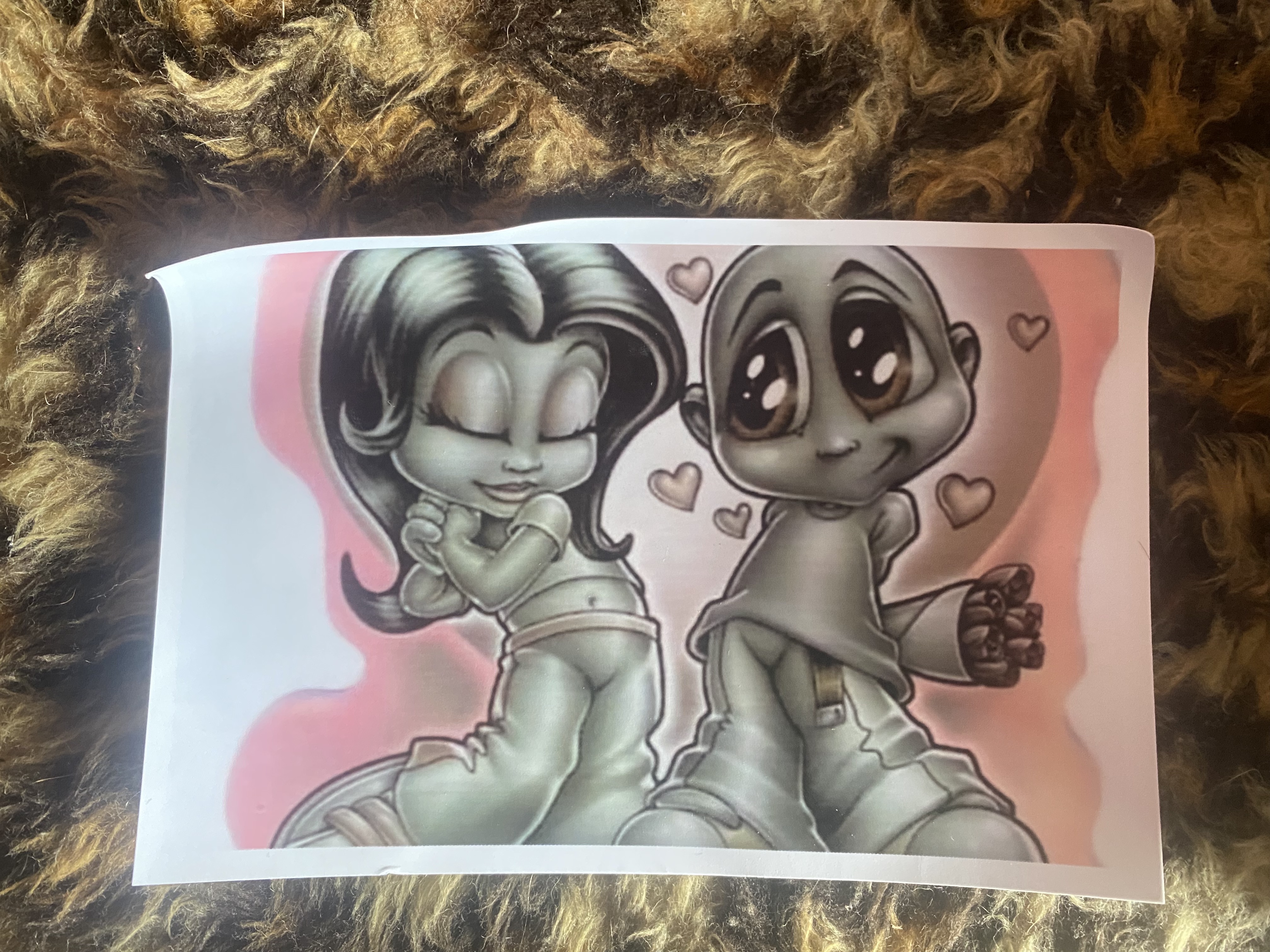 DJ Destiny illustration featuring two cutesy characters in love, pink hued.