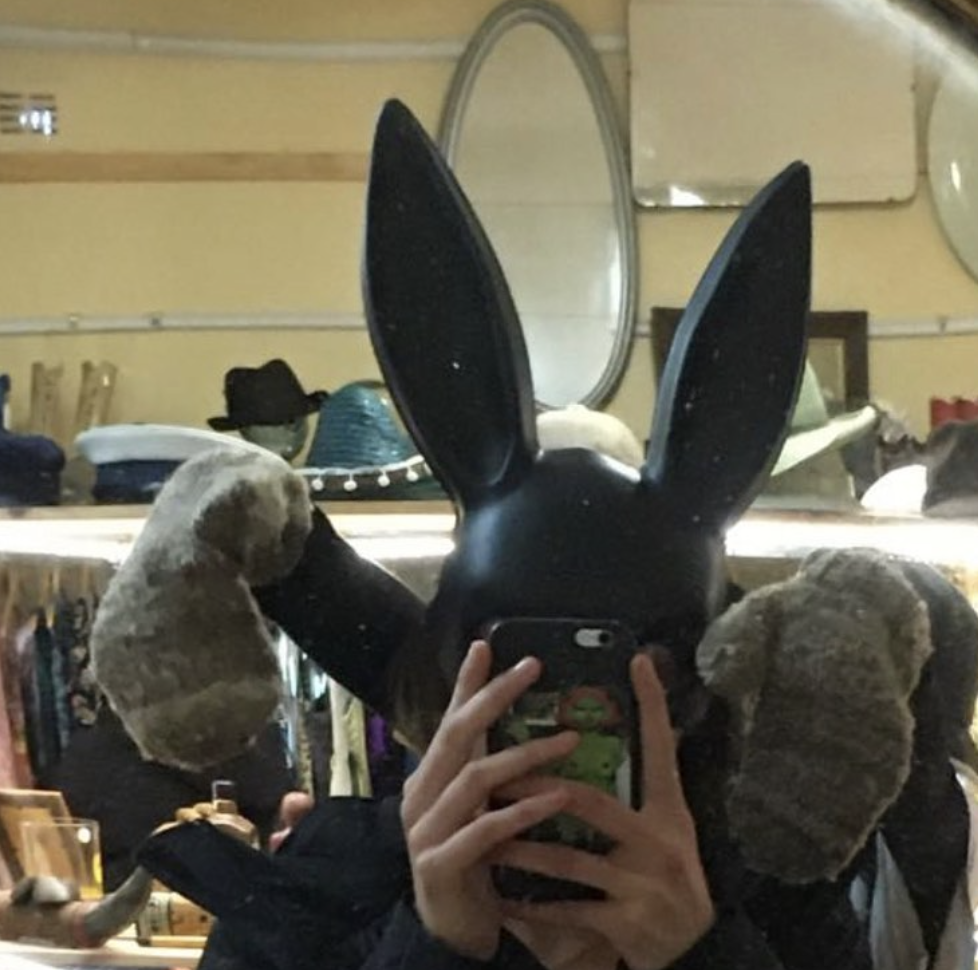 Author (La) in a mirror wearing a large black bunny eared mask with their phone obscuring their face and friends' mittens in the background.