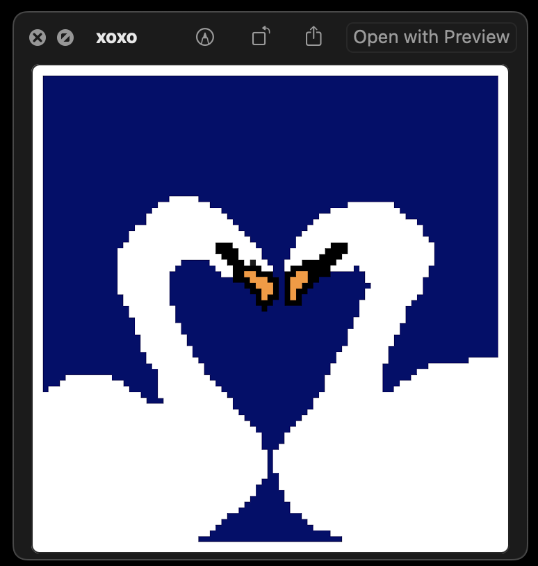 8-bit illustration of two swans kissing in a 2023 Apple Preview frame titled 'xoxo'.