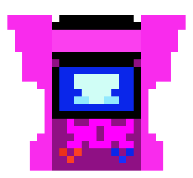 8-bit illustration in pink and blue of a 70s/80s net era game console.
